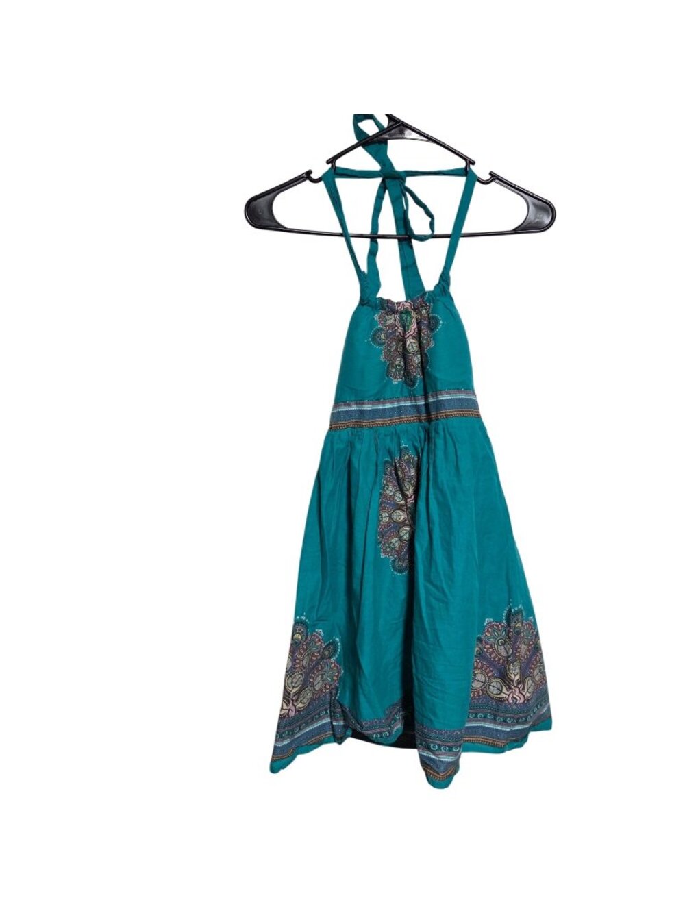 Boho Halter Dress Size Small Teal Paisley Print Smocked Back 70s Festival Hippie